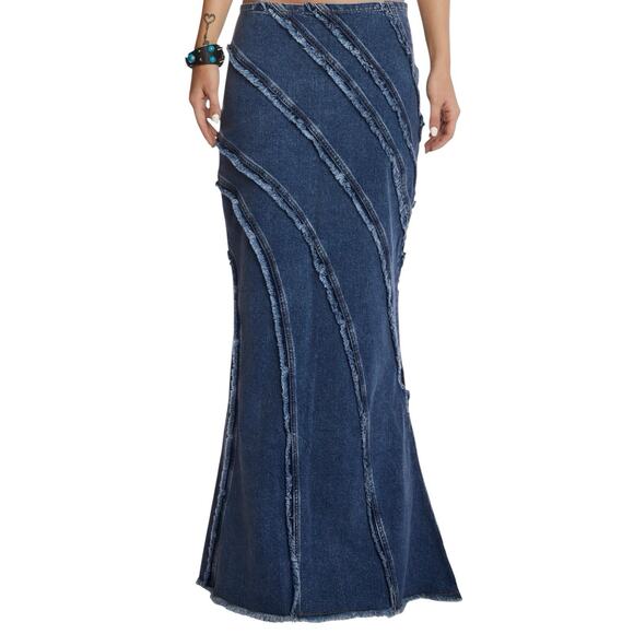 DOLLS KILL X GENERATION KISS JADE MAXI MERMAID DENIM DISTRESSED Y2K SKIRT SZ XL - Picture 8 of 10